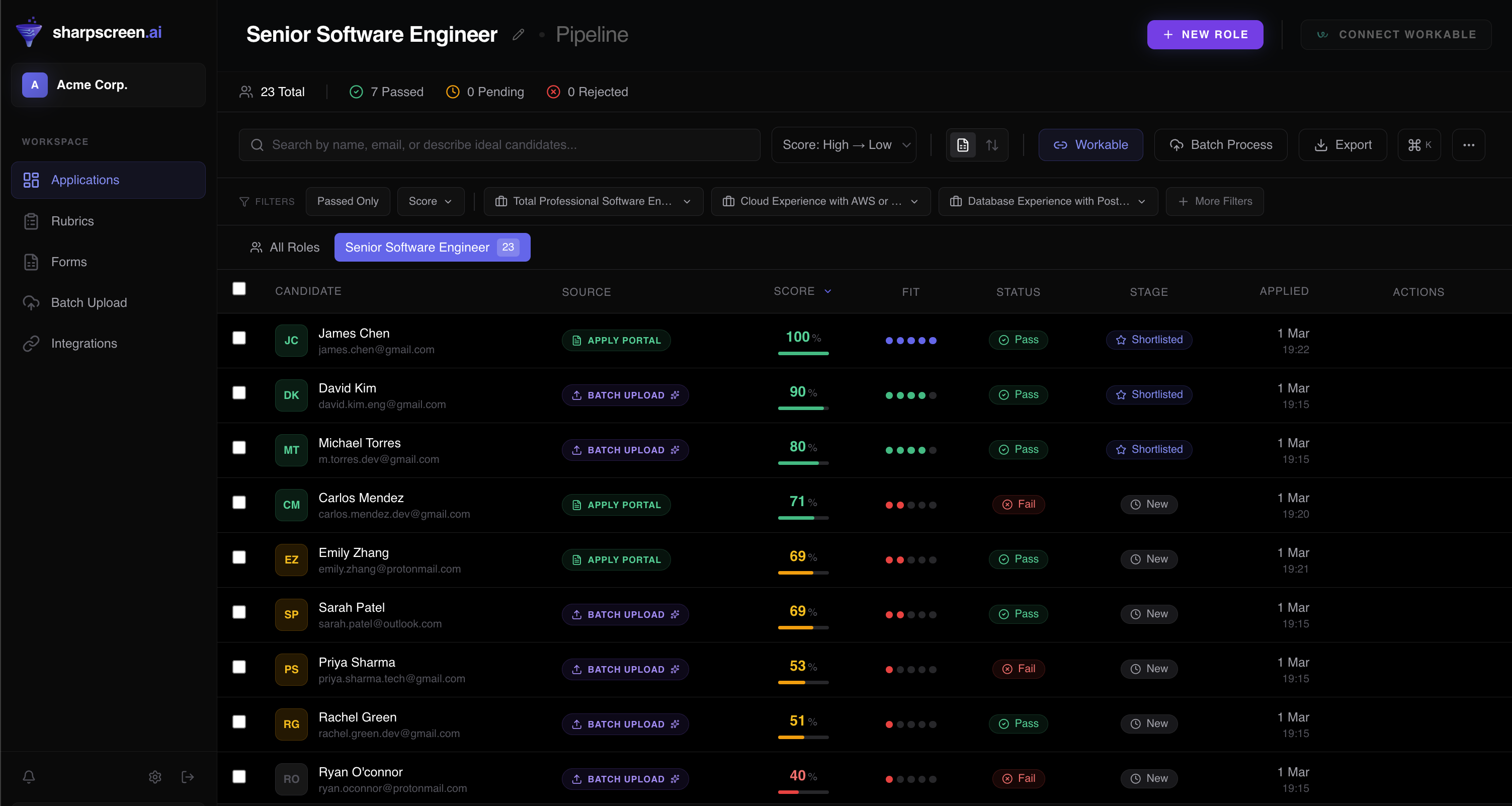 sharpscreen.ai candidate screening dashboard showing ranked candidates with scores