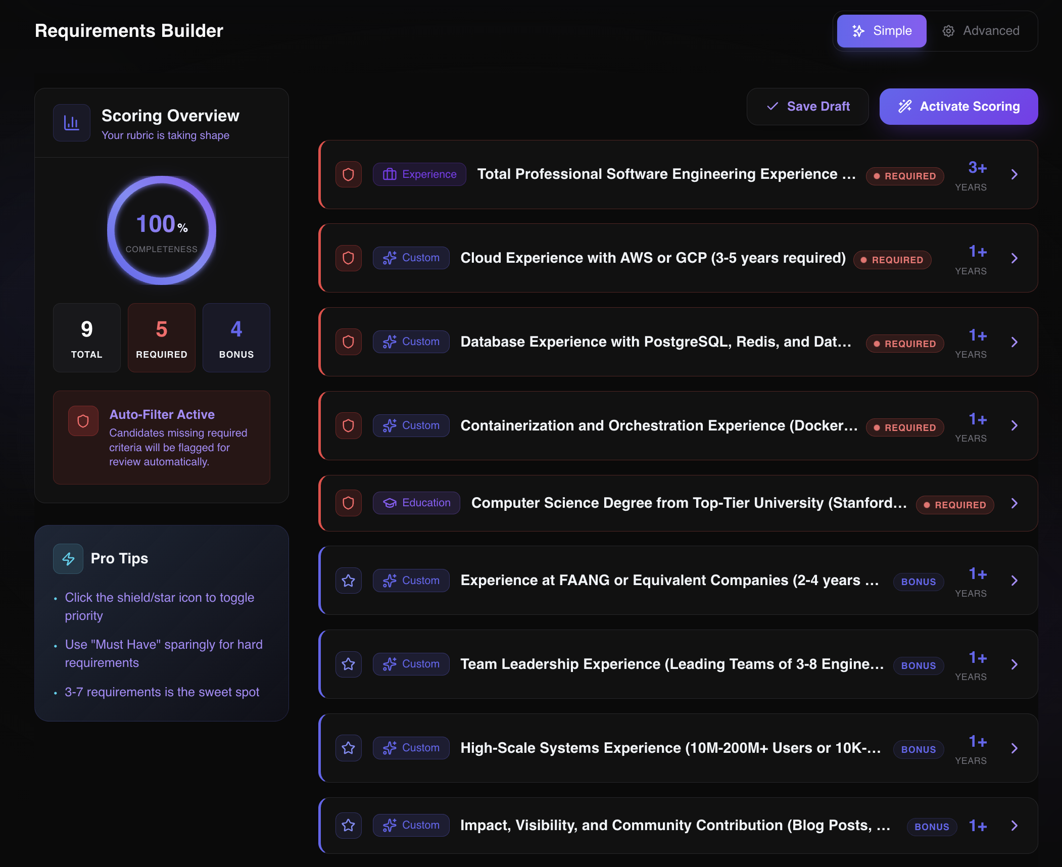 sharpscreen.ai rubric editor showing AI-generated scoring criteria from a job description